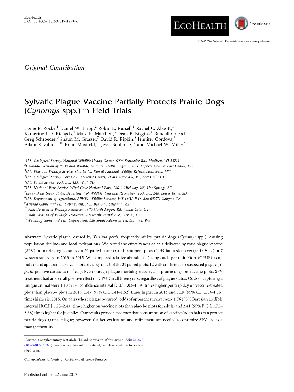 Sylvatic Plague Vaccine Partially Protects Prairie Dogs (Cynomys Spp.) in Field Trials