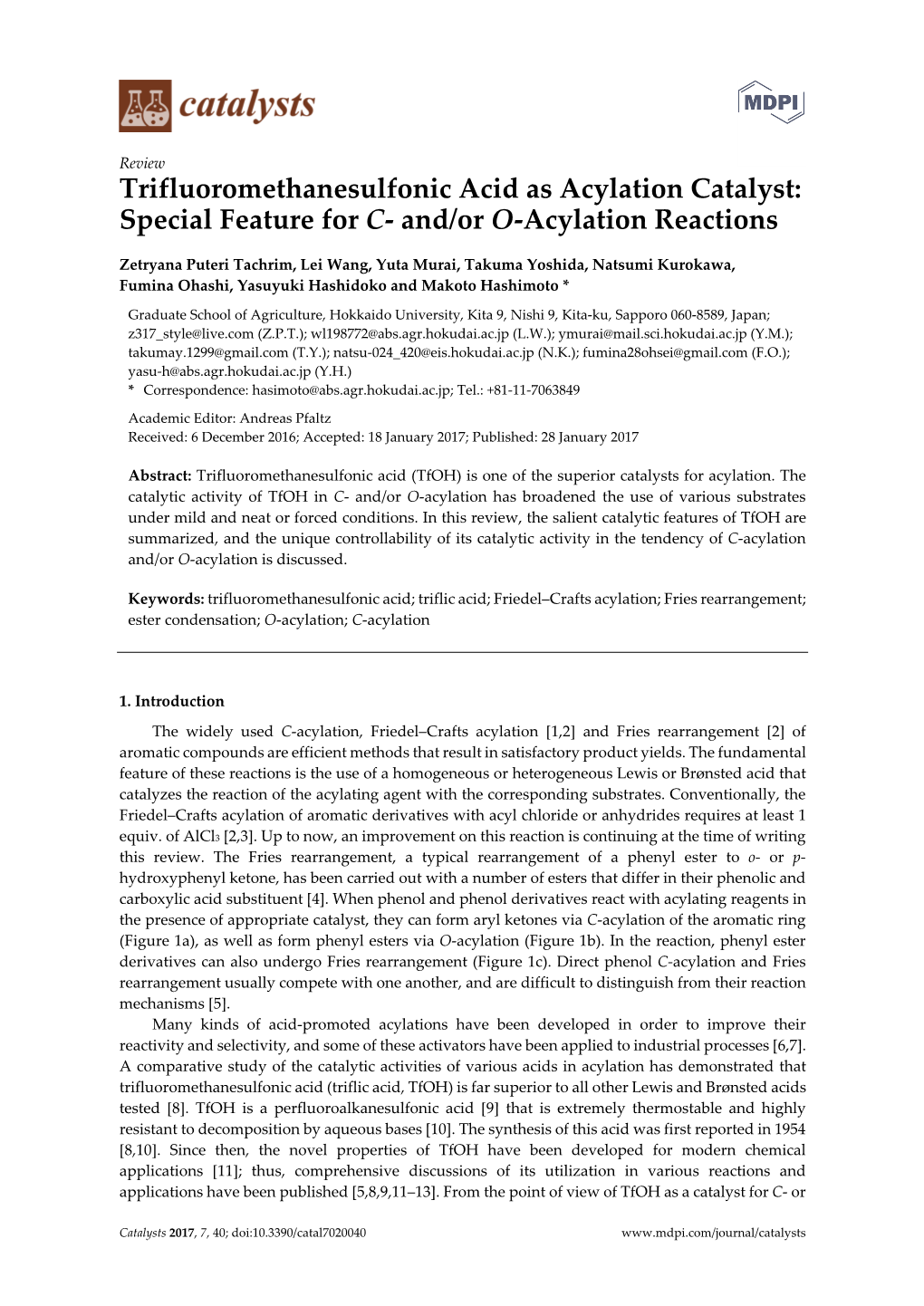 Trifluoromethanesulfonic Acid As Acylation Catalyst: Special Feature for C- And/Or O-Acylation Reactions