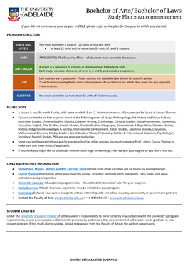 Bachelor of Arts/Bachelor of Laws Study Plan 2021 Commencement