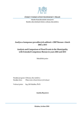 Analýza a Komparace Povodňových Událostí V ORP Beroun V Letech 2002 a 2013