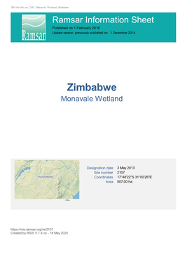 Zimbabwe Ramsar Information Sheet Published on 1 February 2016 Update Version, Previously Published on : 1 December 2014