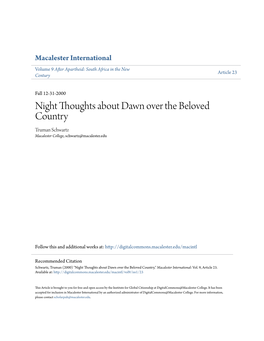 Night Thoughts About Dawn Over the Beloved Country Truman Schwartz Macalester College, Schwartz@Macalester.Edu