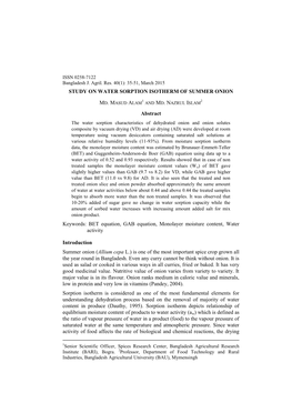 Study on Water Sorption Isotherm of Summer Onion