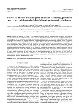 Bakera: Tradition of Medicinal Plants Utilization for Therapy, Prevention and Recovery of Diseases in Jailolo Sultanate Custom Society, Indonesia