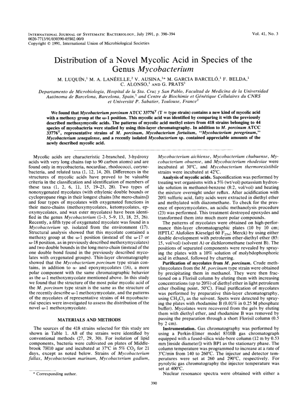 Distribution of a Novel Mycolic Acid in Species of the Genus Mycobacterium M
