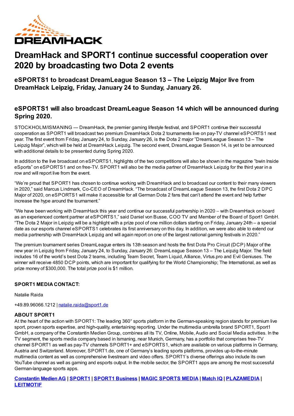 Dreamhack and SPORT1 Continue Successful Cooperation Over 2020