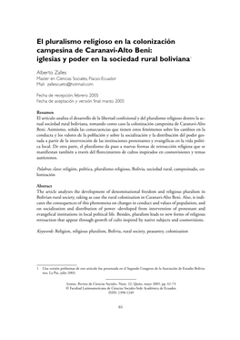 El Pluralismo Religioso En La Colonización Campesina De Caranavi-Alto Beni: Iglesias Y Poder En La Sociedad Rural Boliviana1