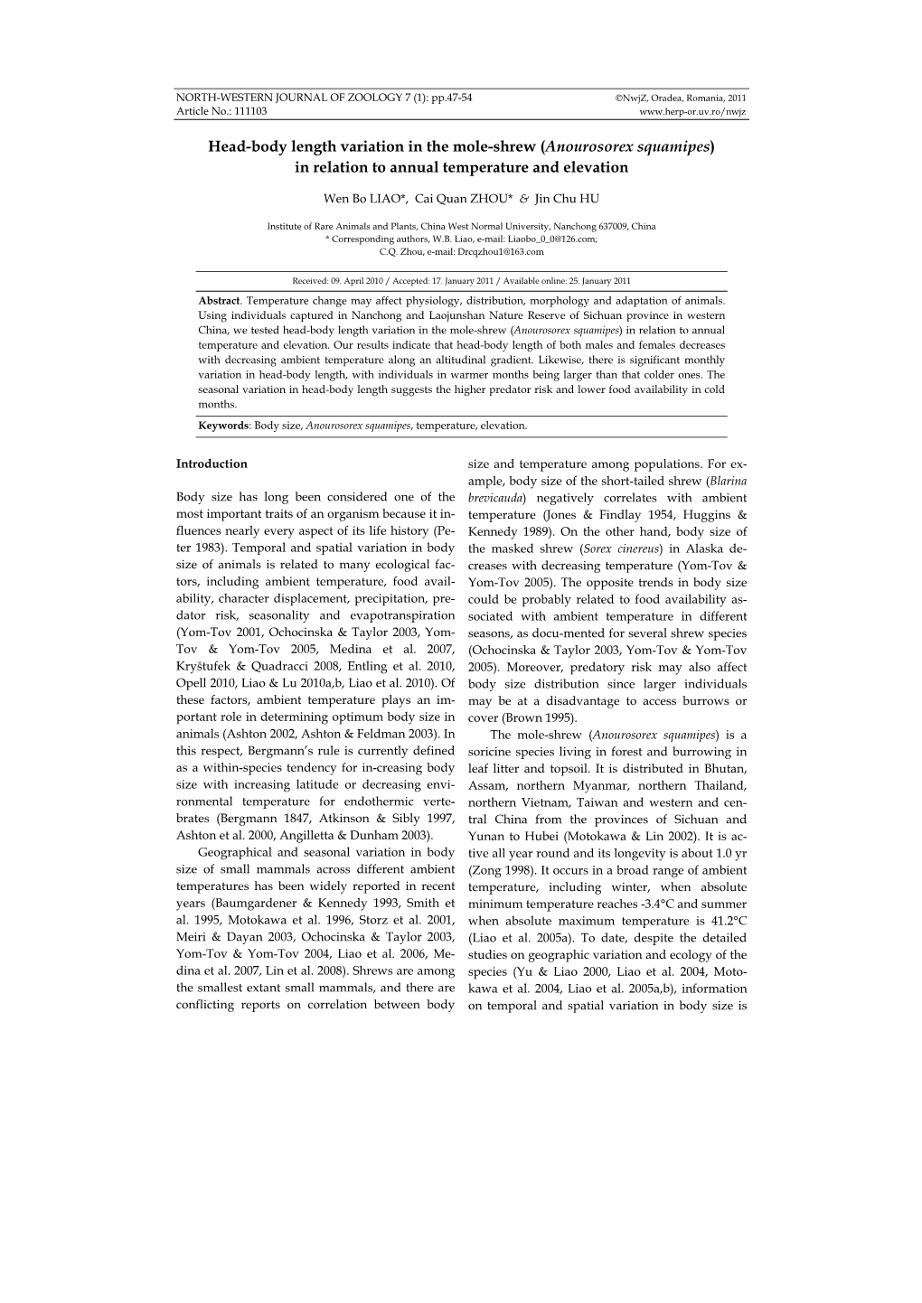 Head-Body Length Variation in the Mole-Shrew (Anourosorex Squamipes) in Relation to Annual Temperature and Elevation