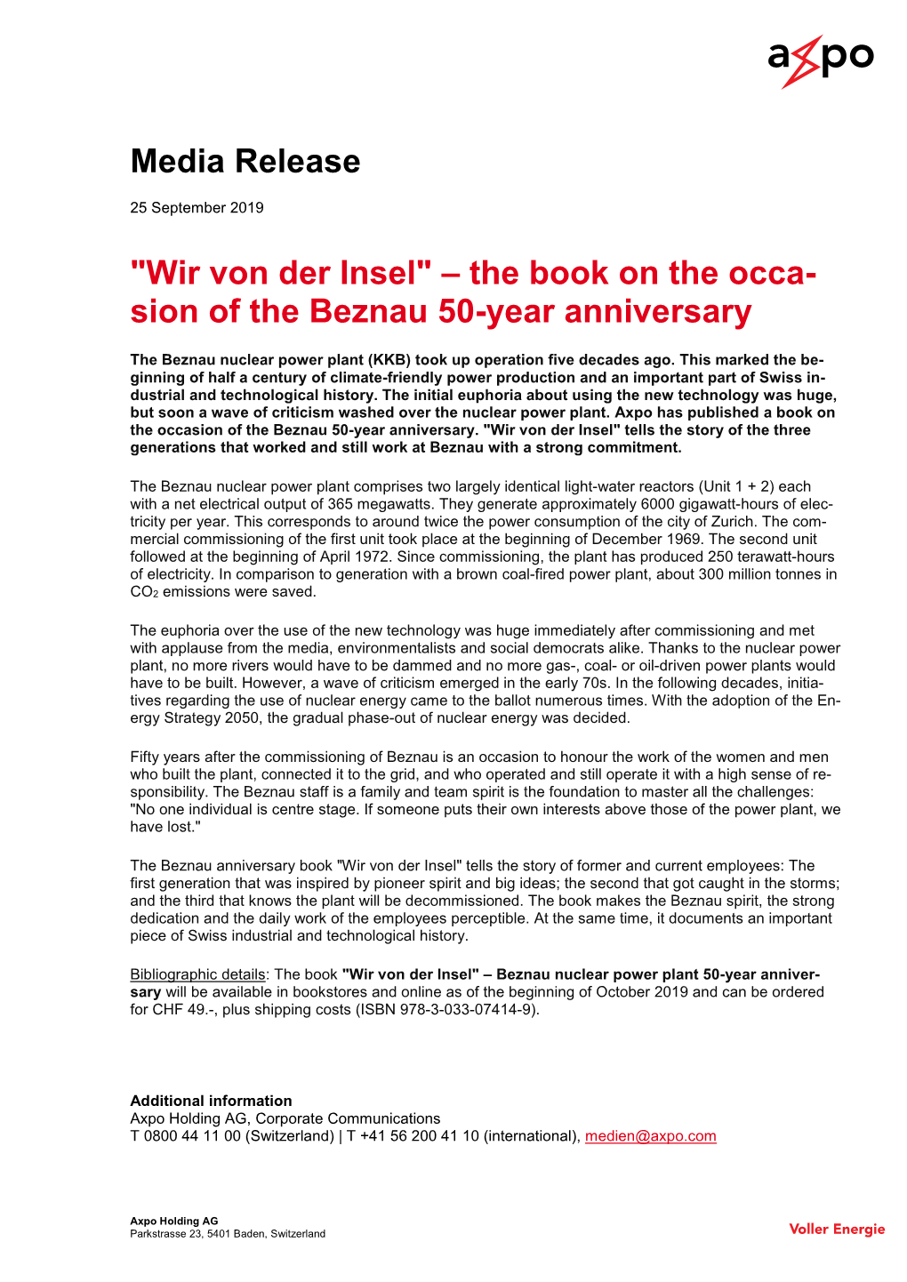 Wir Von Der Insel" – the Book on the Occa- Sion of the Beznau 50-Year Anniversary