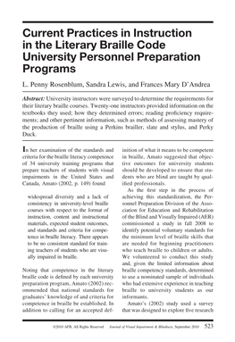 Current Practices in Instruction in the Literary Braille Code University Personnel Preparation Programs L