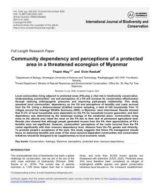 Community Dependency and Perceptions of a Protected Area in a Threatened Ecoregion of Myanmar