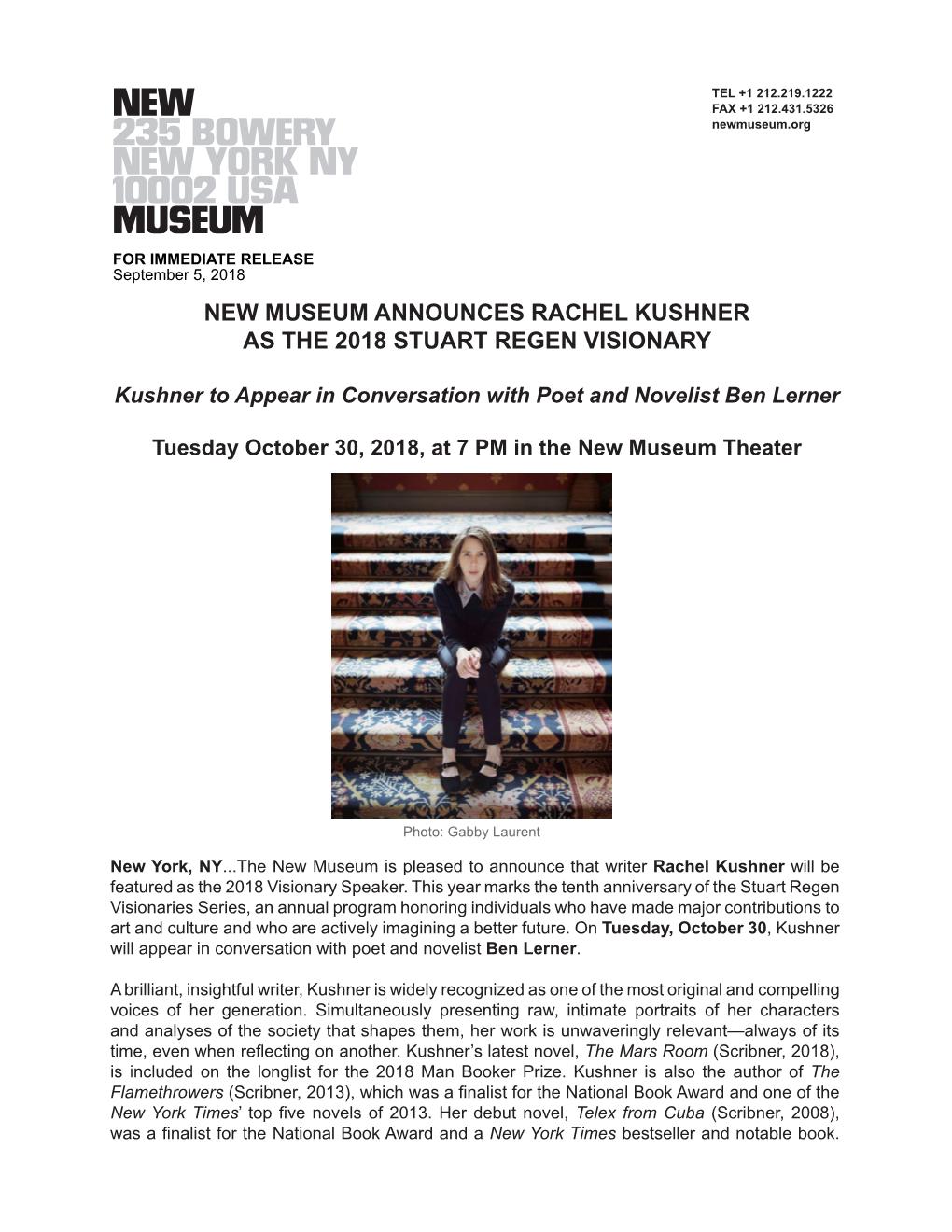 New Museum Announces Rachel Kushner As the 2018 Stuart Regen Visionary