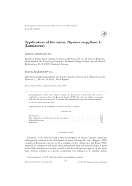 Typification of the Name Thymus Serpyllum L. (Lamiaceae)