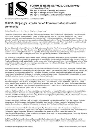 CHINA: Xinjiang's Ismailis Cut Off from International Ismaili Community