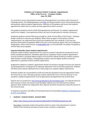 Guidance on Graduate Student Academic Appointments Office of the Provost – Graduate Studies June 10, 2020