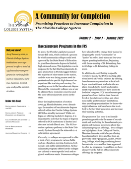 A Community for Completion August 2011 Promising Practices to Increase Completion in the Florida College System