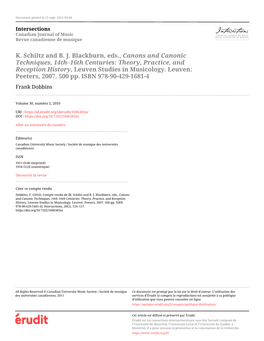 K. Schiltz and B. J. Blackburn, Eds., Canons and Canonic Techniques, 14Th–16Th Centuries: Theory, Practice, and Reception History, Leuven Studies in Musicology