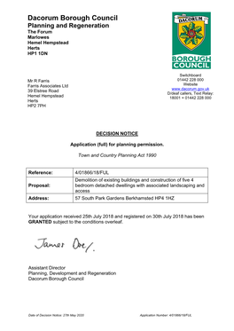 Dacorum Borough Council Planning and Regeneration the Forum Marlowes Hemel Hempstead Herts HP1 1DN