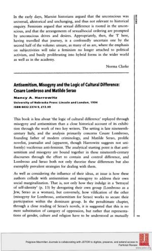 Antisemitism, Misogyny and the Logic of Cultural Difference: Cesare Lombroso and Matilde Serao