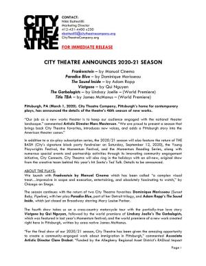 City Theatre Announces 2020-21 Season