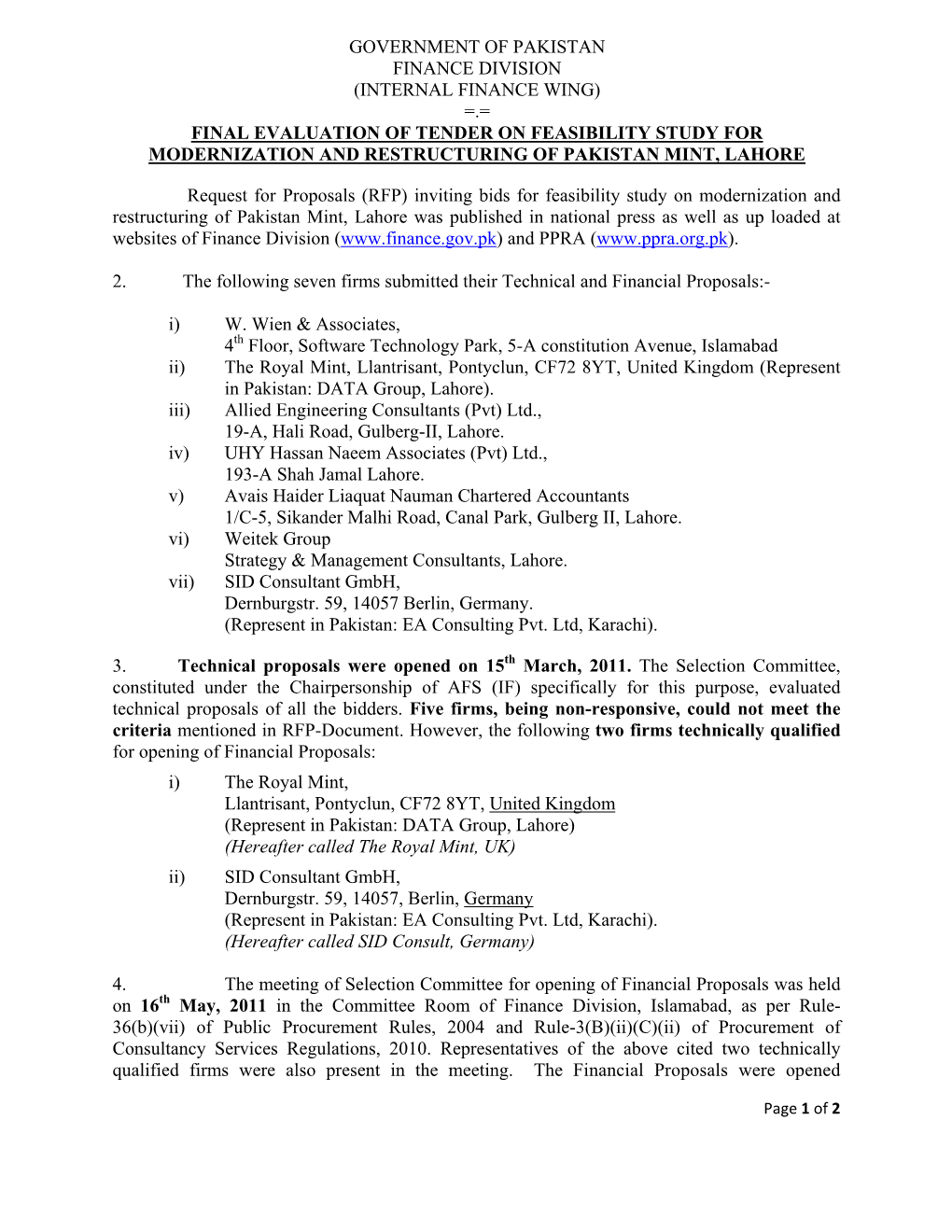 Feasibility Study on Modernization and Restructuring of Pakistan Mint, Lahore