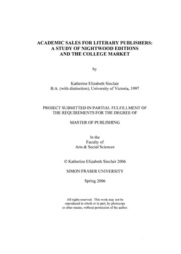 Academic Sales for Literary Publishers: a Study of Nightwood Editions and the College Market