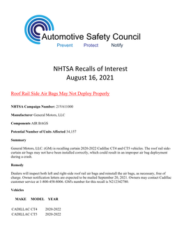 NHTSA Recalls of Interest August 16, 2021