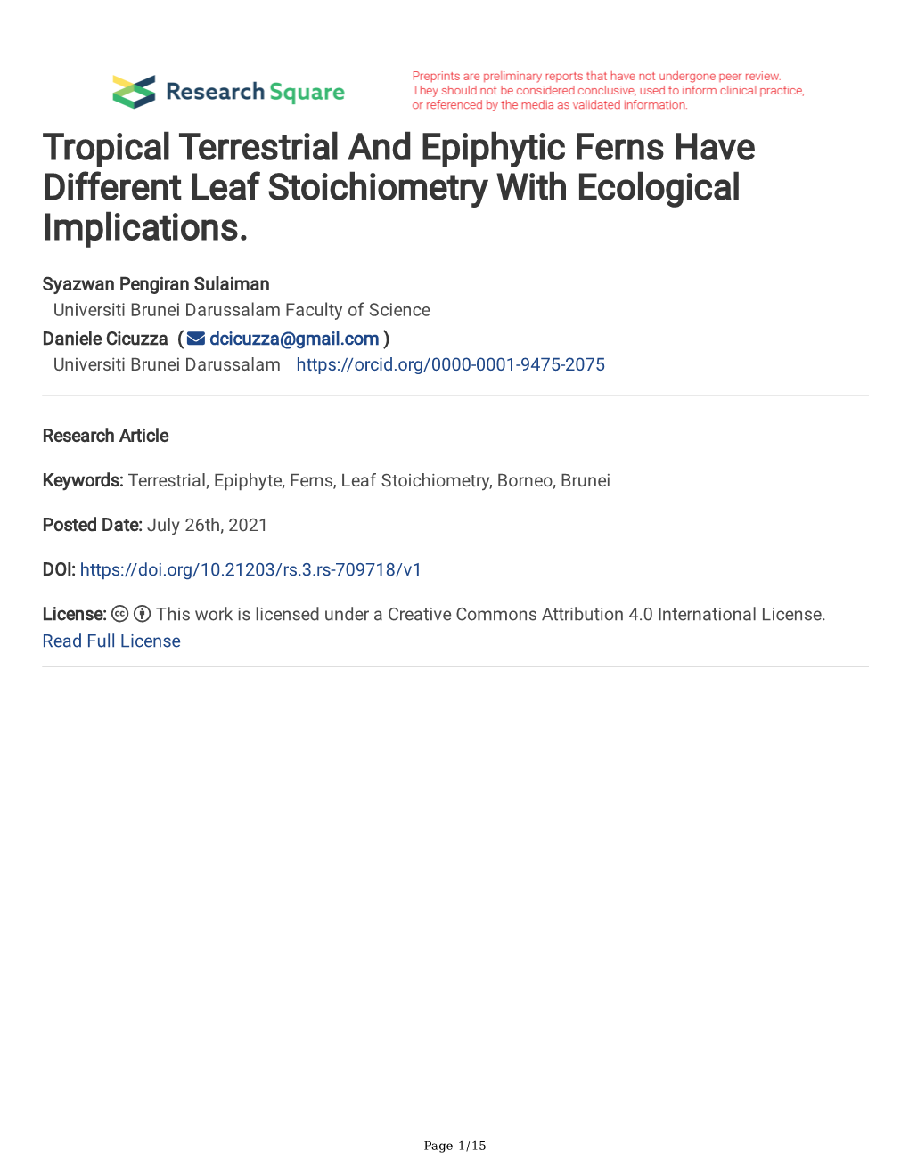 Tropical Terrestrial and Epiphytic Ferns Have Different Leaf Stoichiometry with Ecological Implications