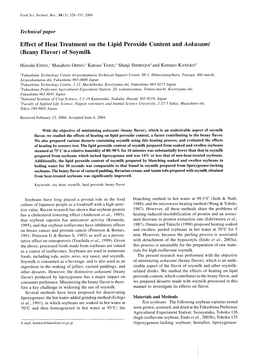 The Lipid Peroxide Content and Aokusami (Beany Flavor) of Soymilk