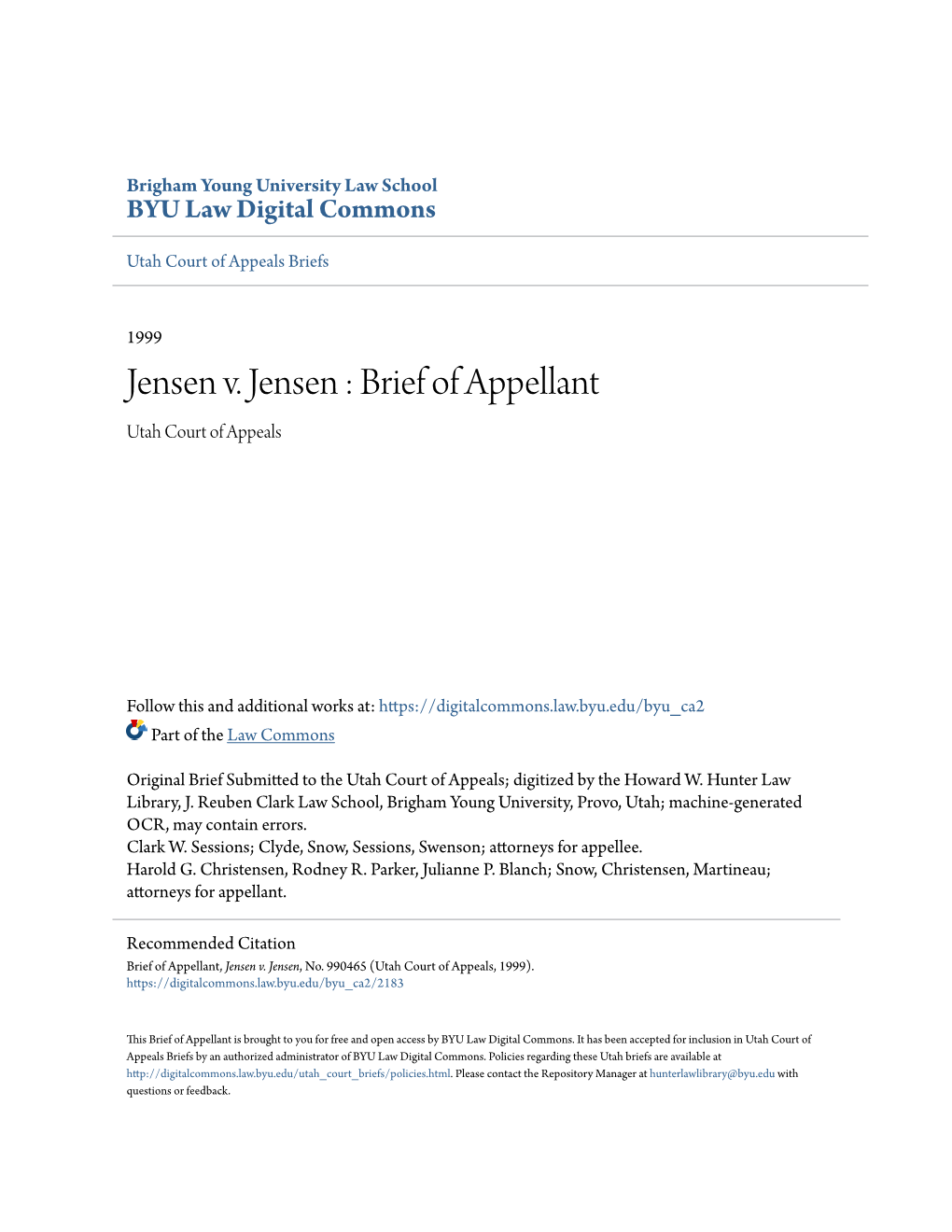 Jensen V. Jensen : Brief of Appellant Utah Court of Appeals