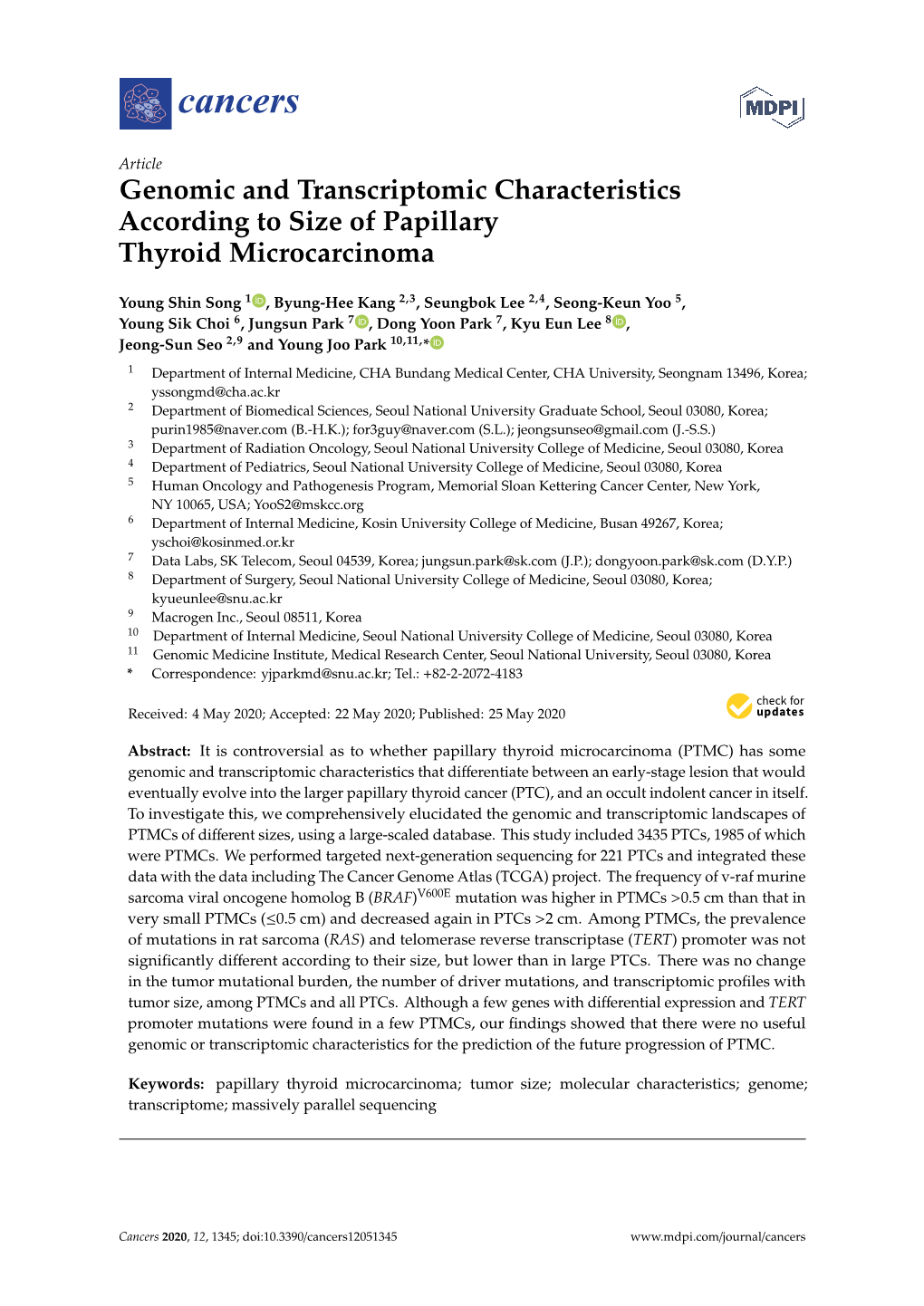 Genomic and Transcriptomic Characteristics According to Size of Papillary Thyroid Microcarcinoma