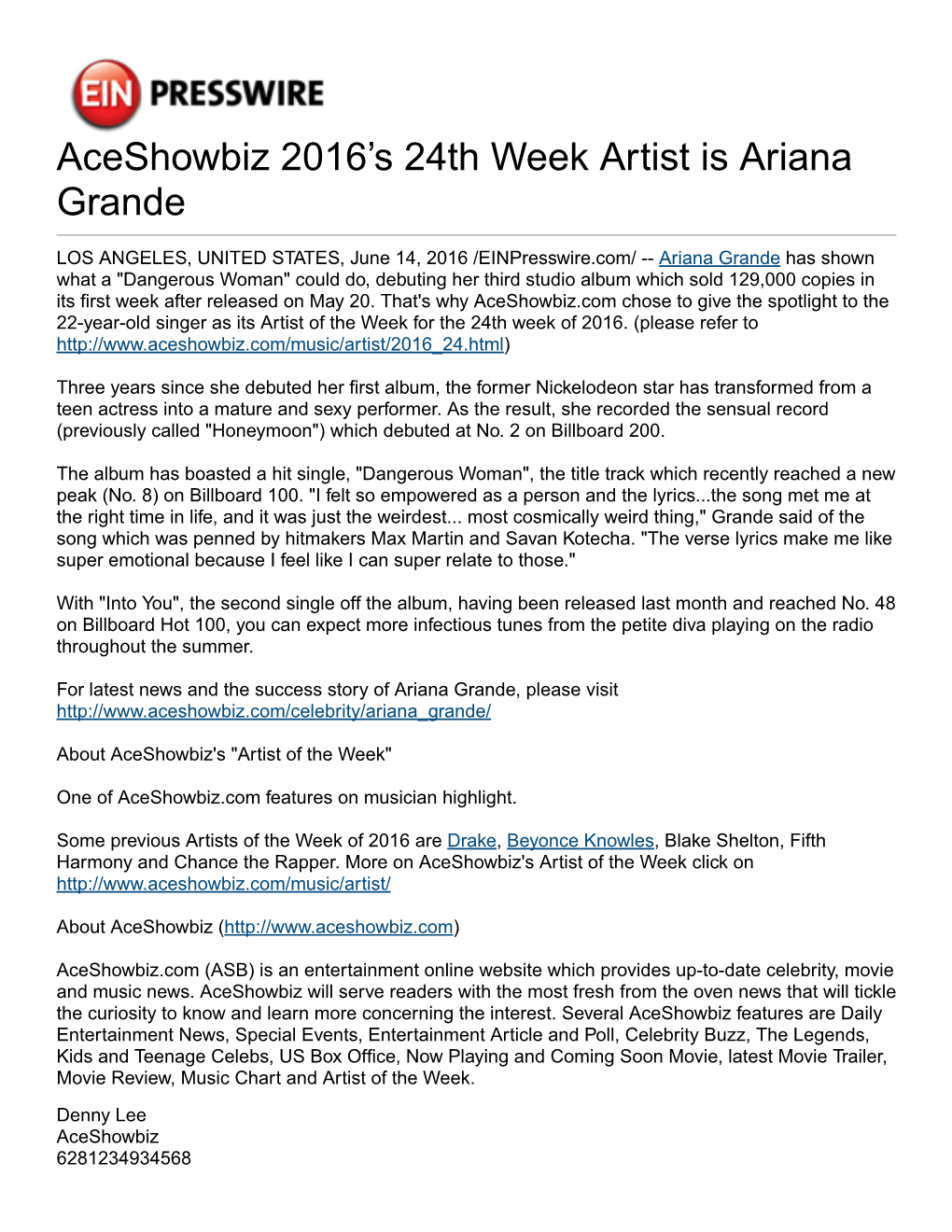 Aceshowbiz 2016'S 24Th Week Artist Is Ariana Grande