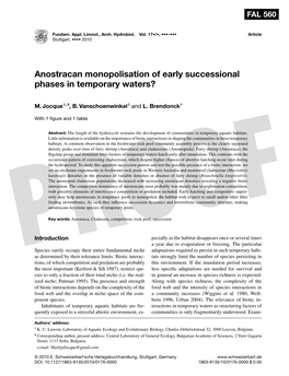 Anostracan Monopolisation of Early Successional Phases in Temporary Waters?