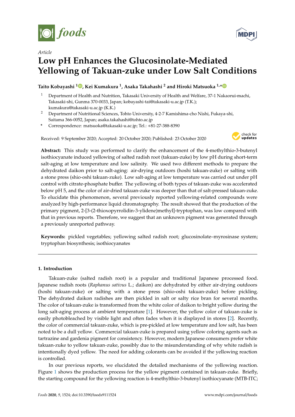 Low Ph Enhances the Glucosinolate-Mediated Yellowing of Takuan-Zuke Under Low Salt Conditions