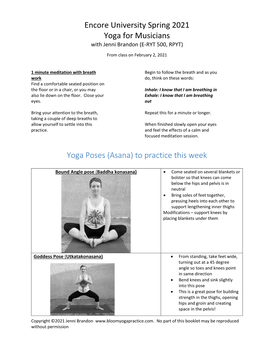 Encore University Spring 2021 Yoga for Musicians Yoga Poses (Asana