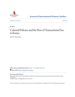 Colonial Policies and the Rise of Transactional Sex in Kenya Felix M