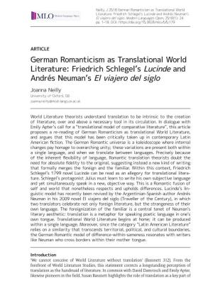 German Romanticism As Translational World Literature: Friedrich Schlegel's Lucinde and Andrés Neuman's El Viajero Del Siglo