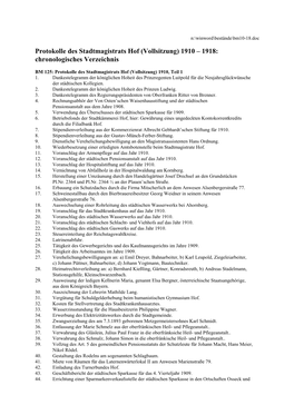 Protokolle Des Stadtmagistrats Hof (Vollsitzung) 1910 – 1918: Chronologisches Verzeichnis