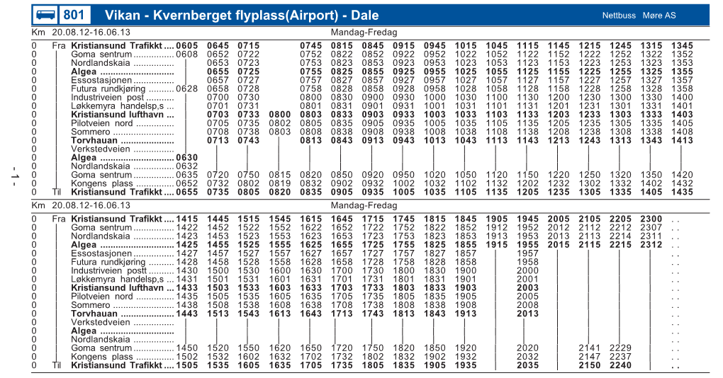 Vikan - Kvernberget Flyplass(Airport) - Dale Nettbuss Møre AS Km 20.08.12-16.06.13 Mandag-Fredag 0 Fra Kristiansund Trafikkt