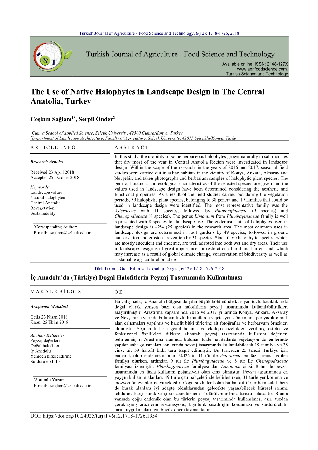 The Use of Native Halophytes in Landscape Design in the Central Anatolia, Turkey