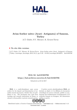 Avian Feather Mites (Acari: Astigmata) of Samsun, Turkey A.T