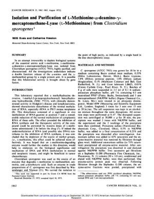 Isolation and Purification of L-Methionine-A-Deamino--Y Mercaptomethane-Lyase (L-Methioninase) from Cbs Tridiu M Sporo Genes'