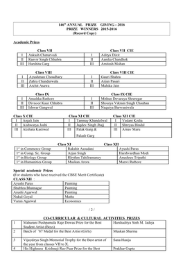 146Th ANNUAL PRIZE GIVING - 2016 PRIZE WINNERS 2015-2016 (Record Copy)