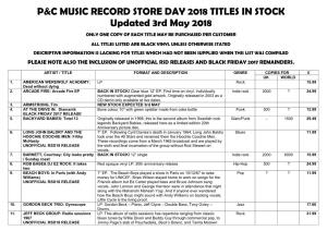 P&C MUSIC RECORD STORE DAY 2018 TITLES in STOCK Updated
