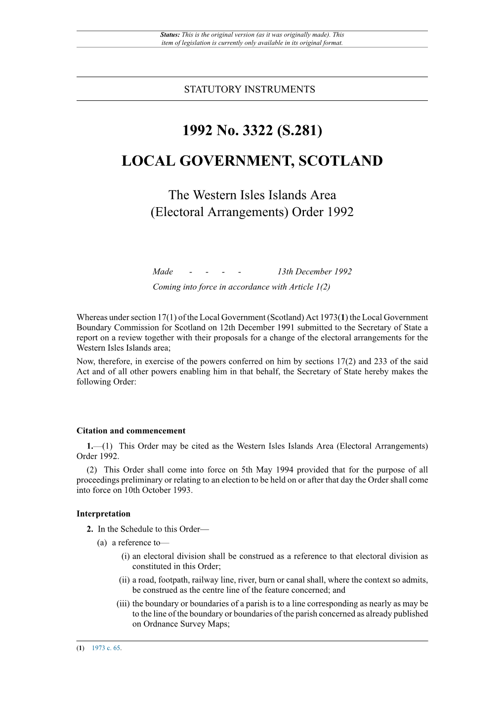 The Western Isles Islands Area (Electoral Arrangements) Order 1992
