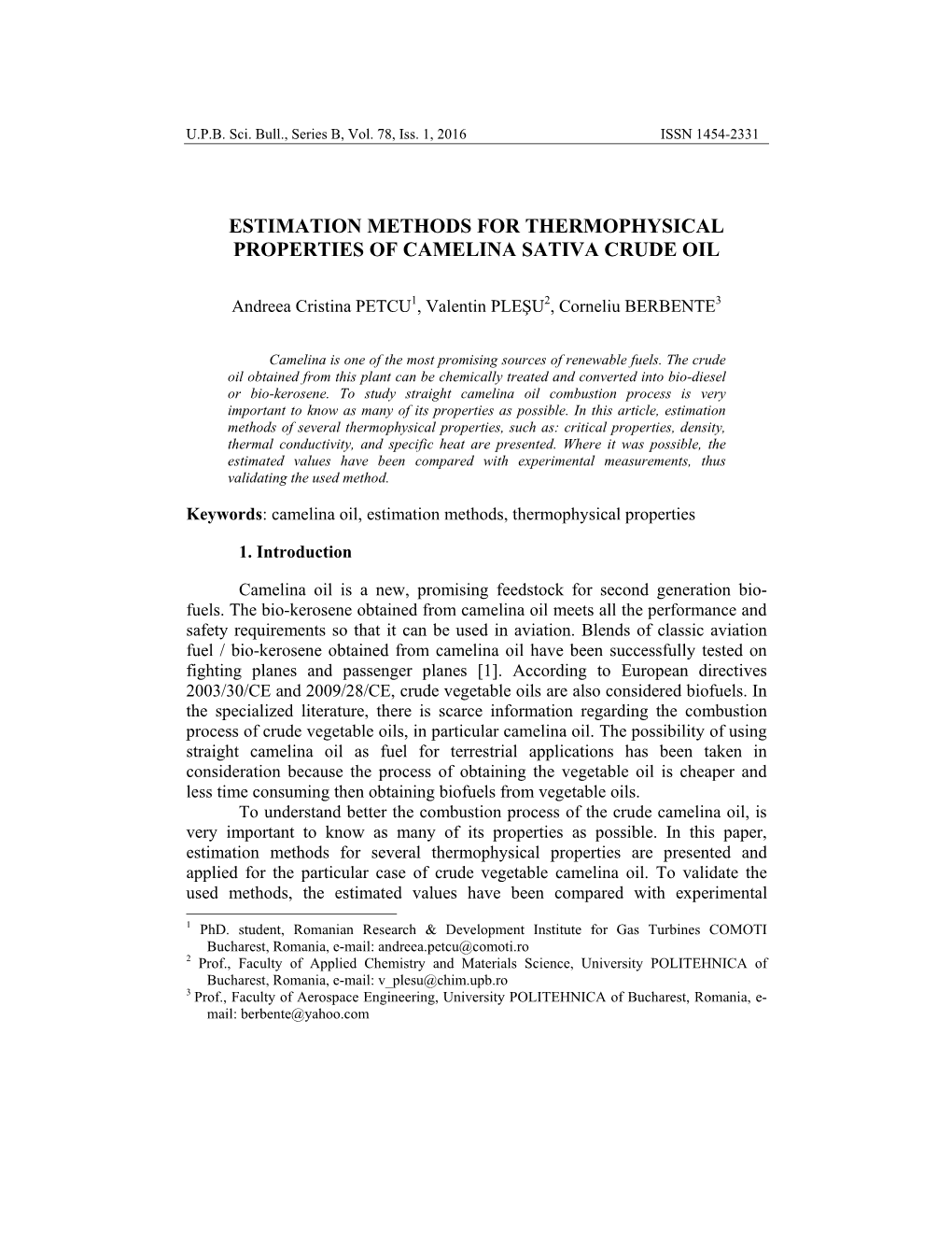 Estimation Methods for Thermophysical Properties of Camelina Sativa Crude Oil