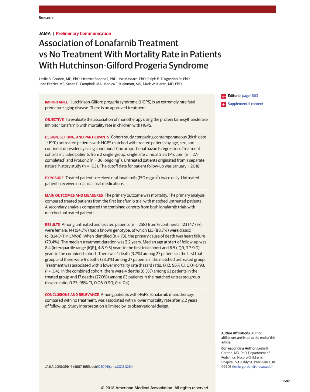 Association of Lonafarnib Treatment Vs No Treatment with Mortality Rate in Patients with Hutchinson-Gilford Progeria Syndrome