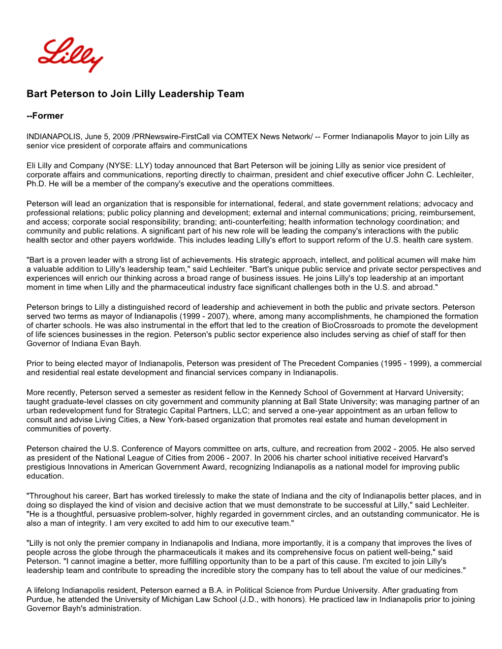 Bart Peterson to Join Lilly Leadership Team