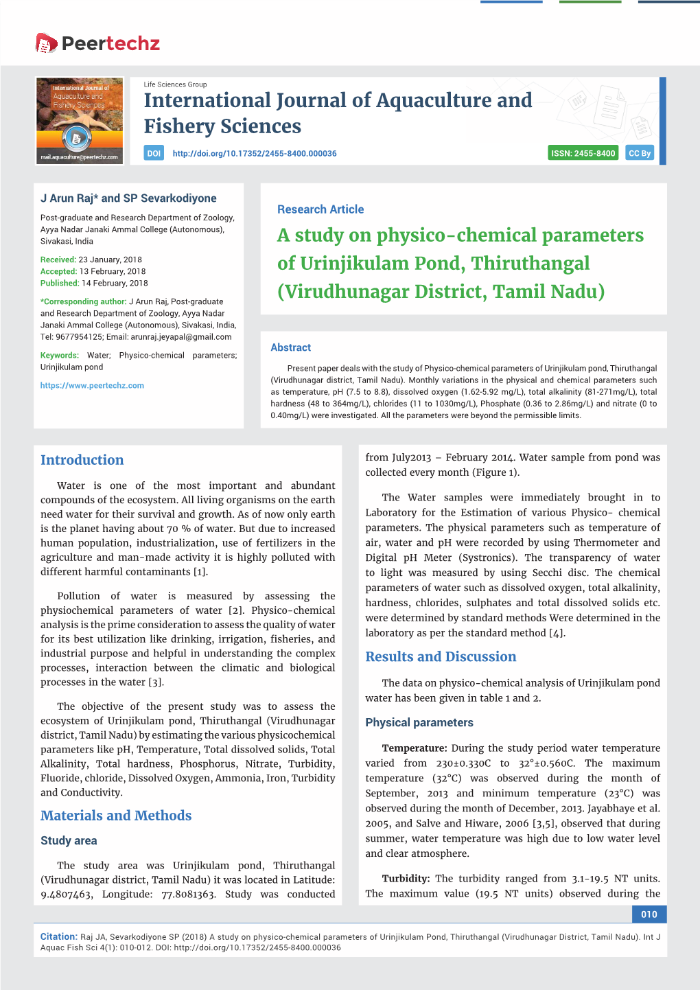 A Study on Physico-Chemical Parameters of Urinjikulam Pond, Thiruthangal (Virudhunagar District, Tamil Nadu)