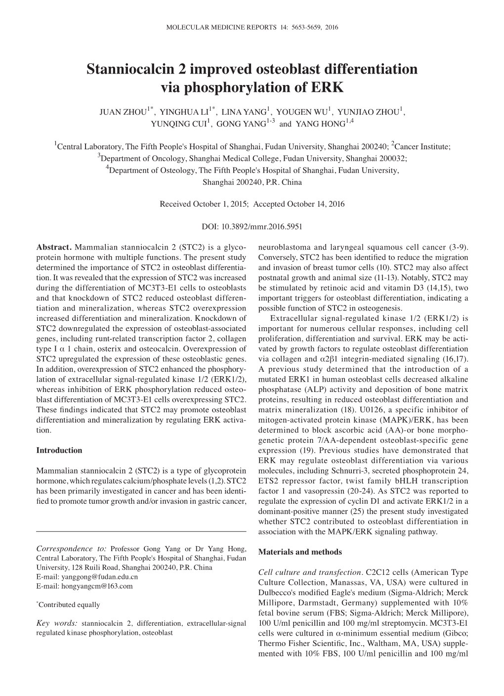 Stanniocalcin 2 Improved Osteoblast Differentiation Via Phosphorylation of ERK